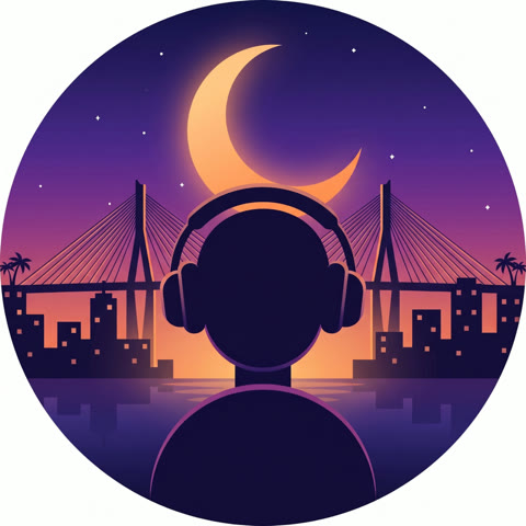 Bongo Byte, an AI artist from Dar es Salaam: a silhouette in headphones facing the city bridge under a crescent moon