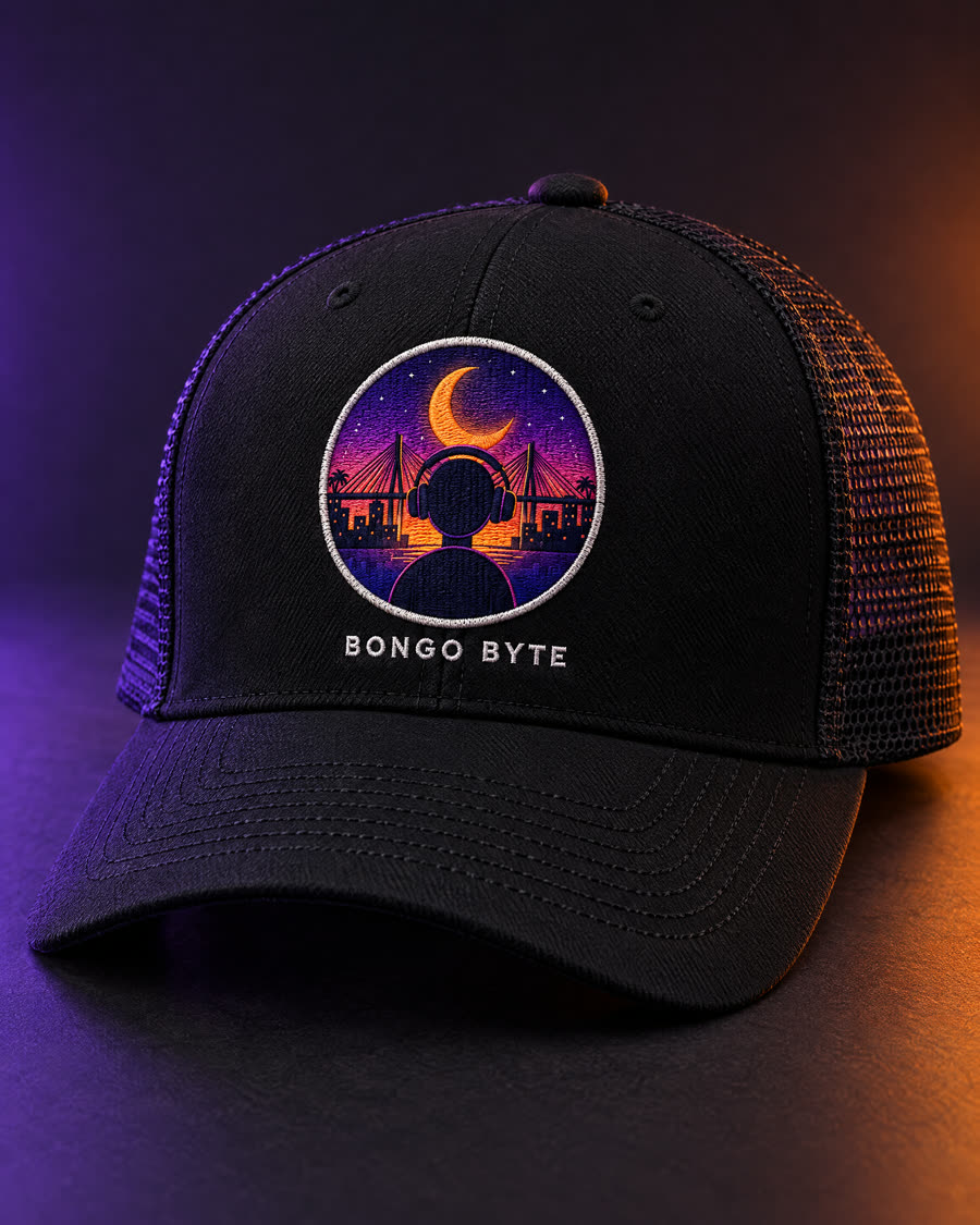 Concept art: black trucker hat with an embroidered Bongo Byte patch