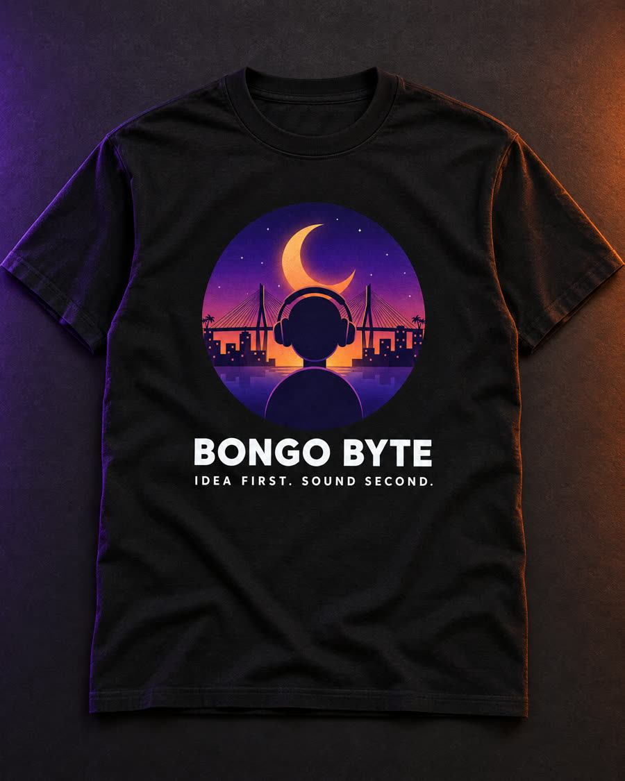 Concept art: black T-shirt with the Bongo Byte artwork and the slogan Idea first. Sound second.