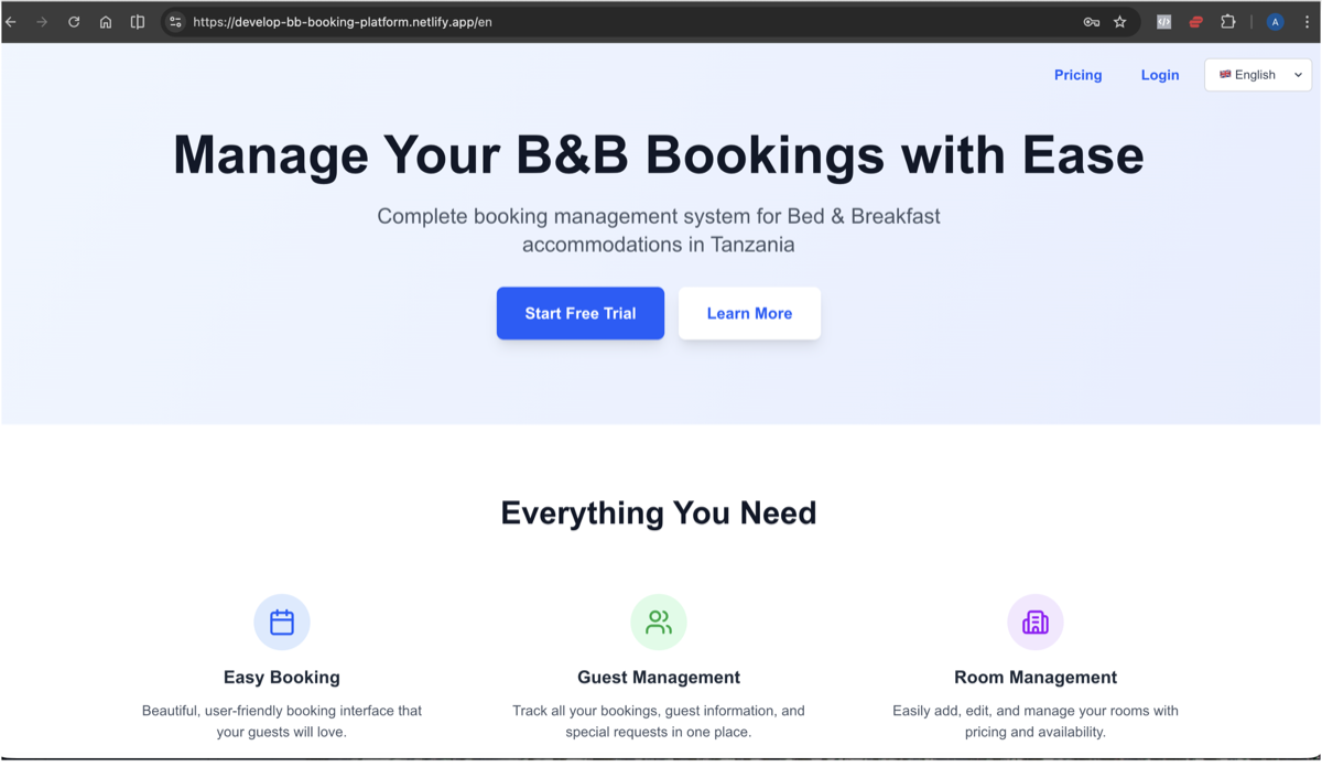 B&B Booking Platform interface showing booking management system