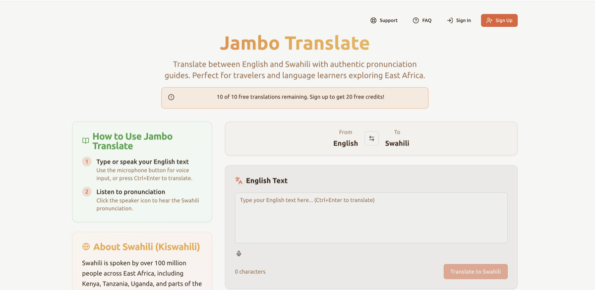 Jambo Translate interface showing English to Swahili translation